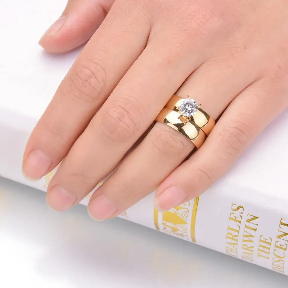 MeMolissa Luxury Clear Stone Crystal Wedding Rings Gold Plated Stainless Steel Jewelry