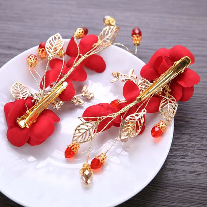 Vintage Chinese Wedding Red Hairpins Bridal Flower Crystal Headpiece for Women