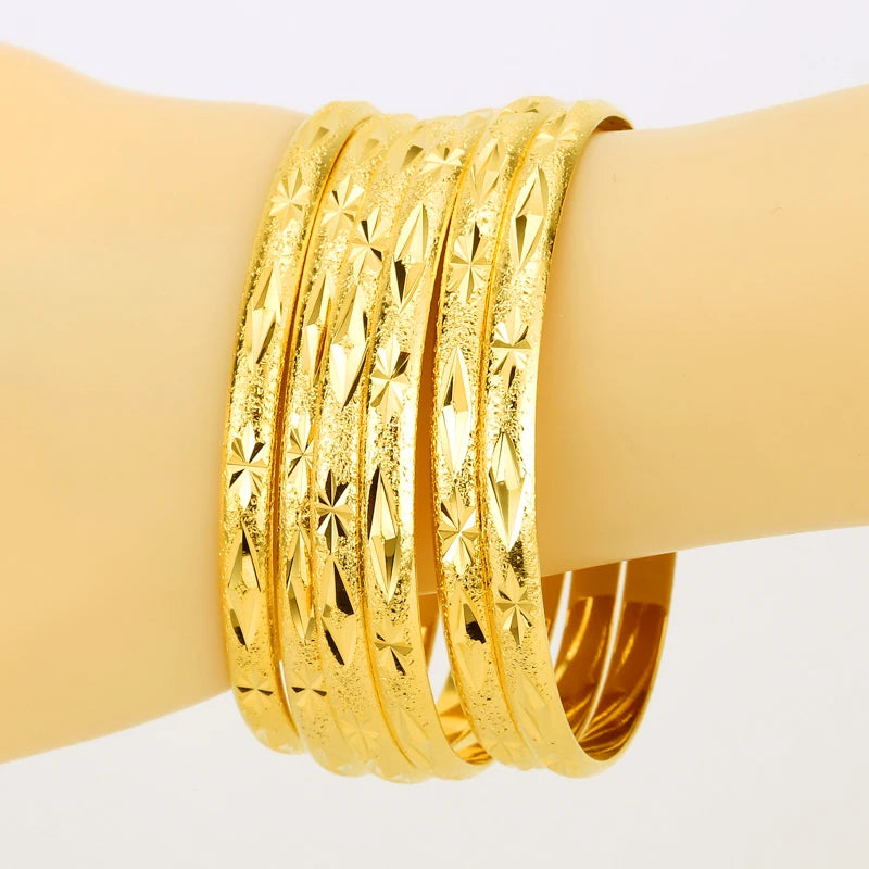 Dubai Gold Color Bangles Set 6MM Copper Bracelets Ethiopian Jewelry Fashion for Women Men