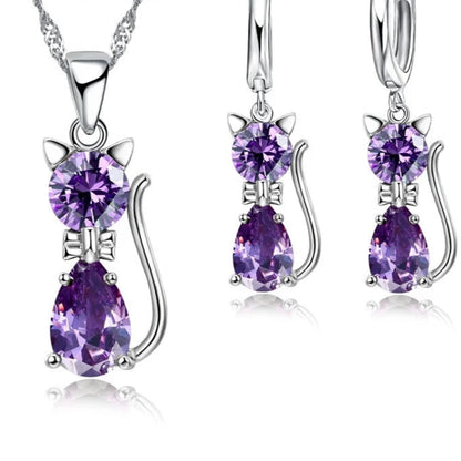 Real 925 Sterling Silver Cat Pendant Necklace and Huggie Earring Set with Shining Austrian Crystals for Women and Girls Purple