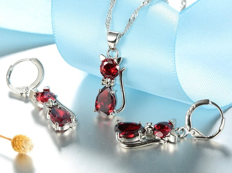 Real 925 Sterling Silver Cat Pendant Necklace and Huggie Earring Set with Shining Austrian Crystals for Women and Girls