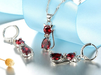 Real 925 Sterling Silver Cat Pendant Necklace and Huggie Earring Set with Shining Austrian Crystals for Women and Girls