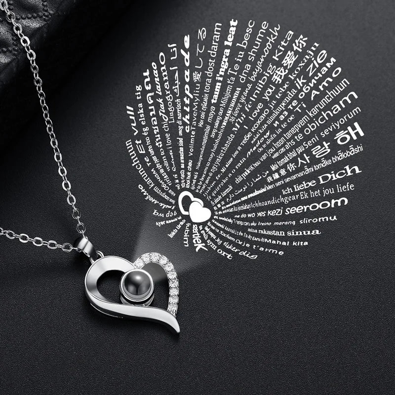 Projection Necklace for Women 100 Languages I Love You Charm Mother's Day Gift heart 2 white gold