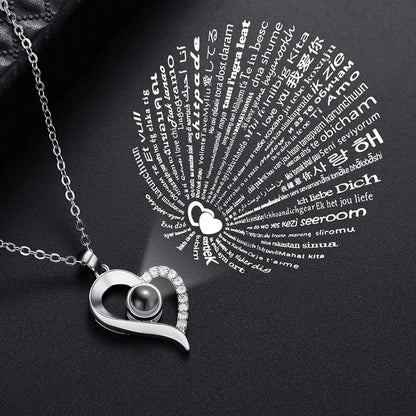 Projection Necklace for Women 100 Languages I Love You Charm Mother's Day Gift heart 2 white gold