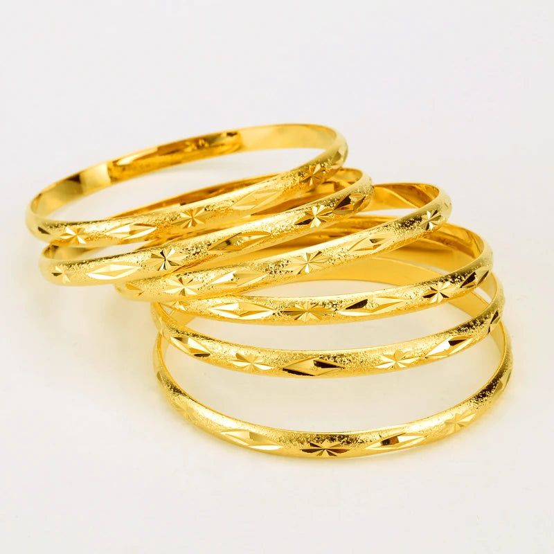 Dubai Gold Color Bangles Set 6MM Copper Bracelets Ethiopian Jewelry Fashion for Women Men