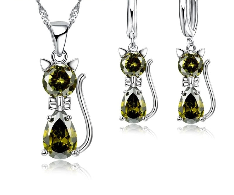 Real 925 Sterling Silver Cat Pendant Necklace and Huggie Earring Set with Shining Austrian Crystals for Women and Girls Red