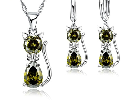 Real 925 Sterling Silver Cat Pendant Necklace and Huggie Earring Set with Shining Austrian Crystals for Women and Girls Red