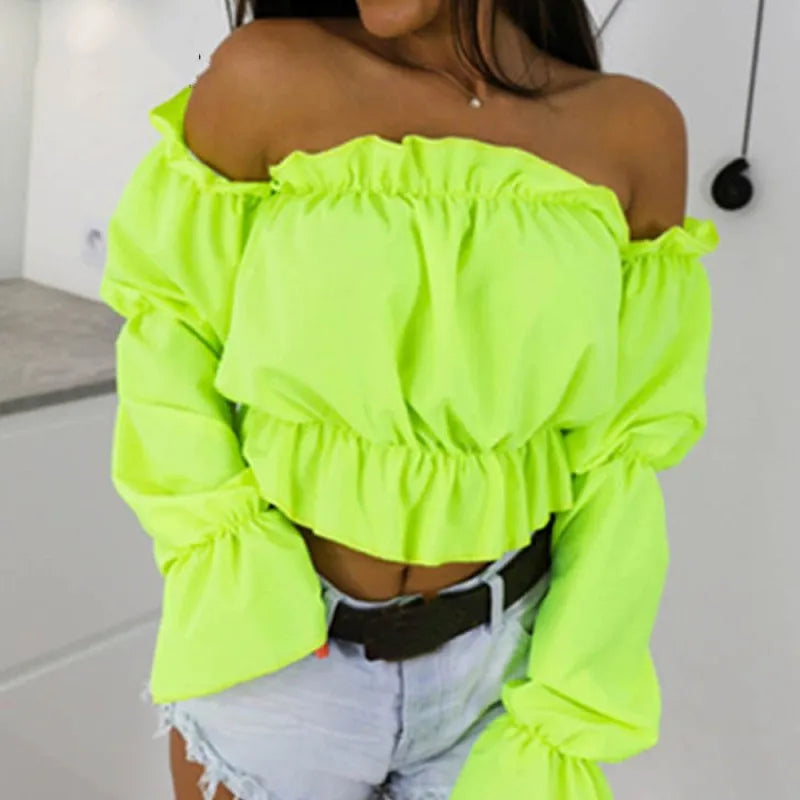 Candy Color Off Shoulder Crop Top Dot Print Lantern Sleeves