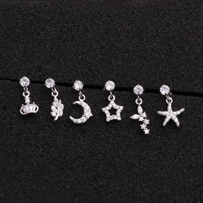 Enchanted Star Heart Moon Crystal Tragus Earrings Set Stainless Steel Helix Studs