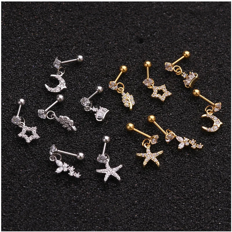 Enchanted Star Heart Moon Crystal Tragus Earrings Set Stainless Steel Helix Studs