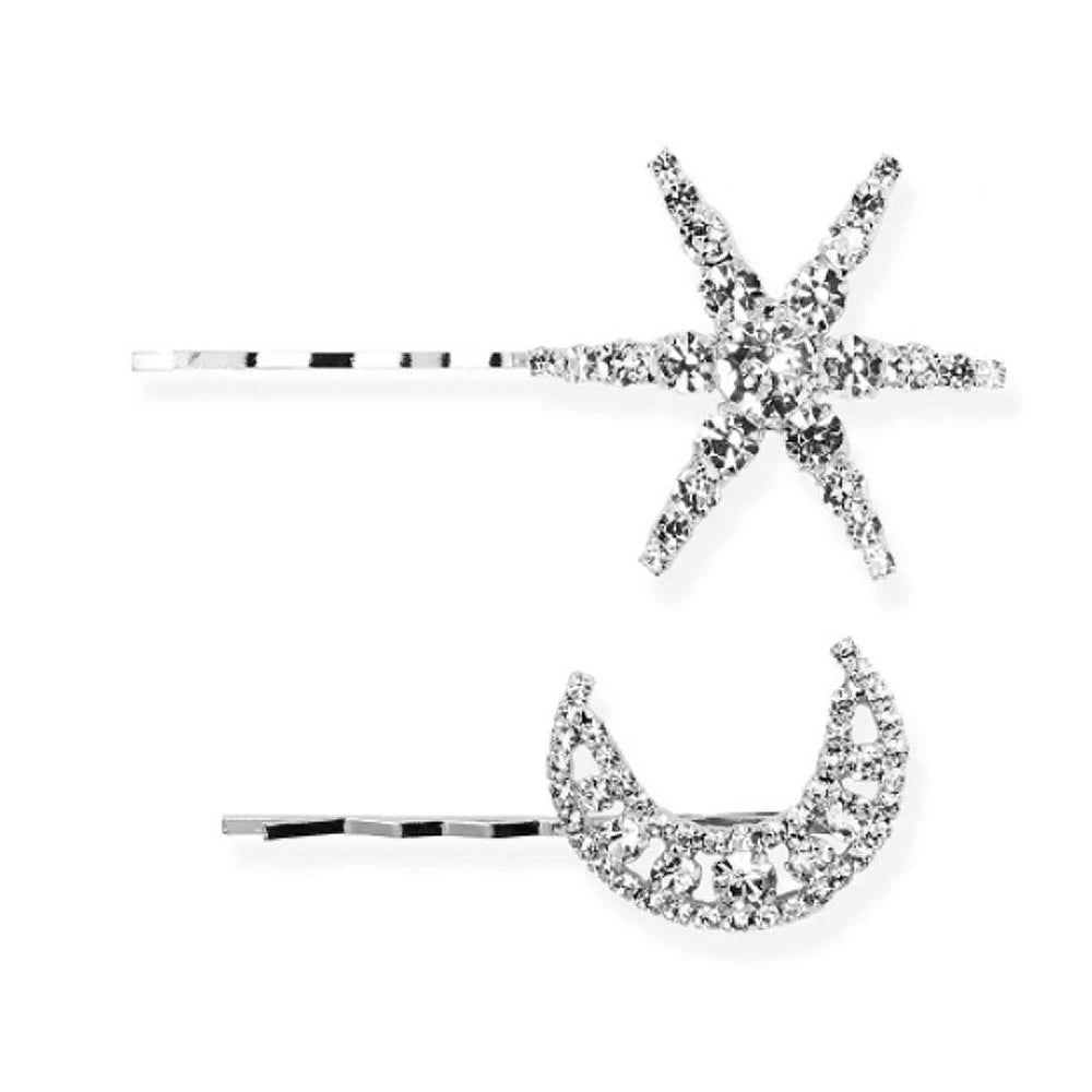 StoneFans Vintage Rhinestone Hairpins Set - Shiny Star & Moon Barrettes for Women & Girls silver 3