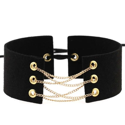 Glamorous Black Velvet Choker Necklace with Gold Silver Chain and Lace-Up Design