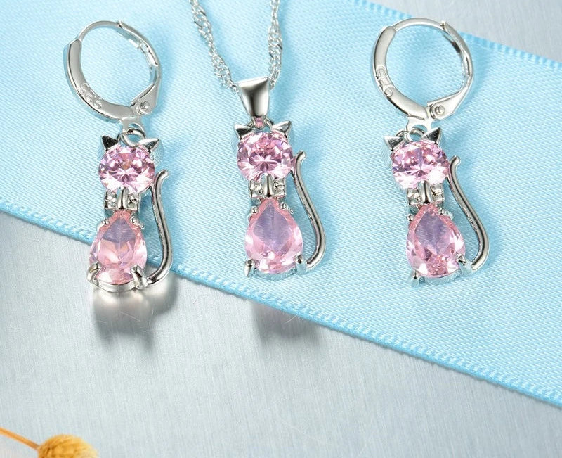 Real 925 Sterling Silver Cat Pendant Necklace and Huggie Earring Set with Shining Austrian Crystals for Women and Girls