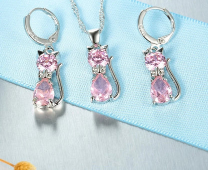 Real 925 Sterling Silver Cat Pendant Necklace and Huggie Earring Set with Shining Austrian Crystals for Women and Girls