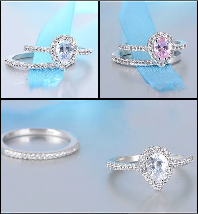 925 Sterling Silver Teardrop Zircon Engagement and Wedding Ring Set for Women