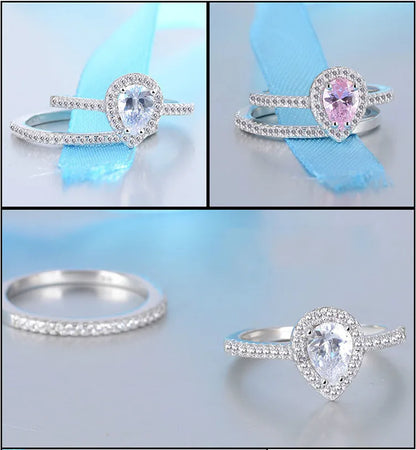925 Sterling Silver Teardrop Zircon Engagement and Wedding Ring Set for Women