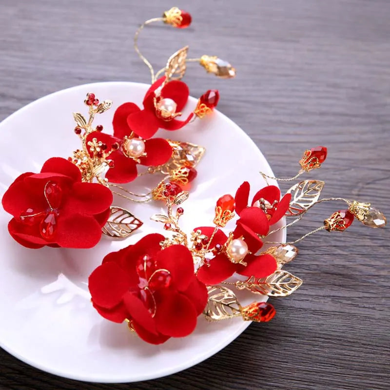 Vintage Chinese Wedding Red Hairpins Bridal Flower Crystal Headpiece for Women