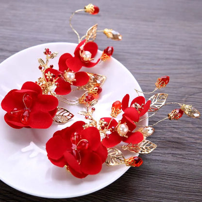 Vintage Chinese Wedding Red Hairpins Bridal Flower Crystal Headpiece for Women