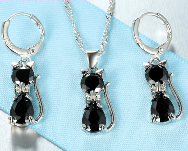 Real 925 Sterling Silver Cat Pendant Necklace and Huggie Earring Set with Shining Austrian Crystals for Women and Girls