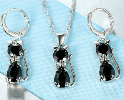 Real 925 Sterling Silver Cat Pendant Necklace and Huggie Earring Set with Shining Austrian Crystals for Women and Girls