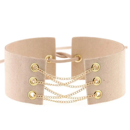 Glamorous Black Velvet Choker Necklace with Gold Silver Chain and Lace-Up Design