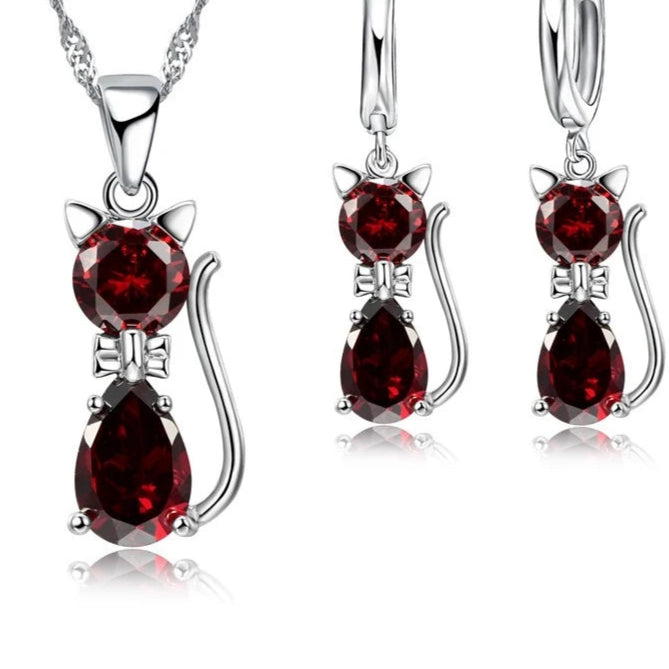 Real 925 Sterling Silver Cat Pendant Necklace and Huggie Earring Set with Shining Austrian Crystals for Women and Girls Red