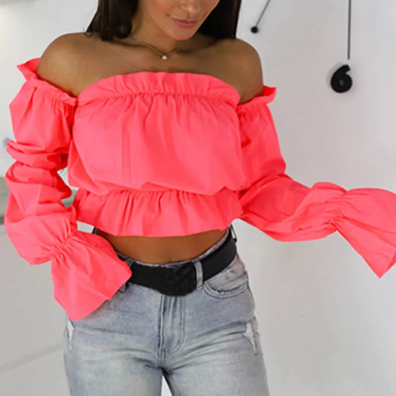 Candy Color Off Shoulder Crop Top Dot Print Lantern Sleeves