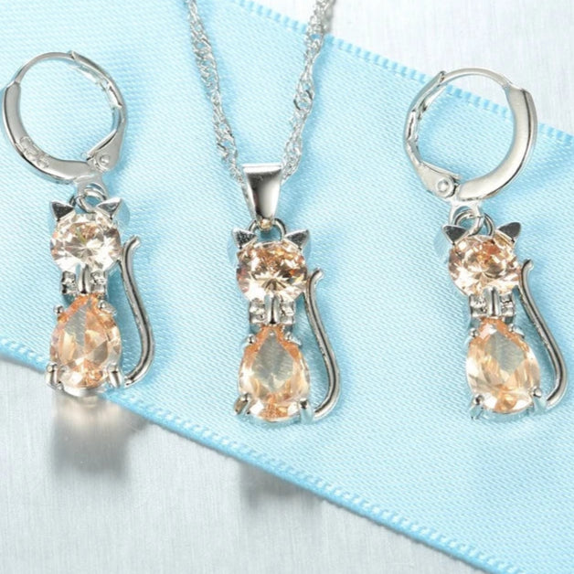 Real 925 Sterling Silver Cat Pendant Necklace and Huggie Earring Set with Shining Austrian Crystals for Women and Girls