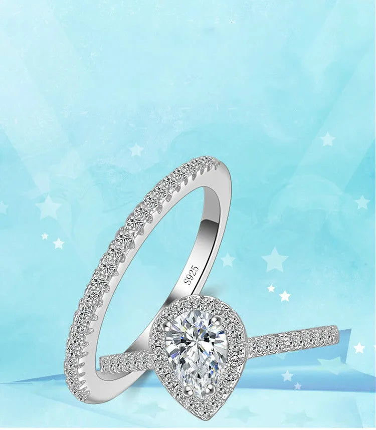 925 Sterling Silver Teardrop Zircon Engagement and Wedding Ring Set for Women