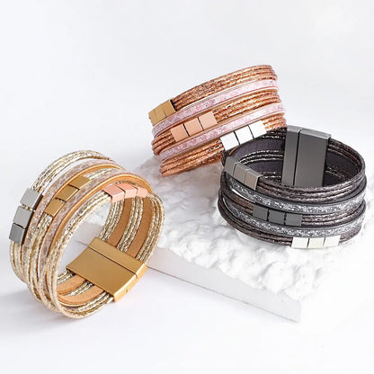 Allyes Bohemian Gold Multilayer Leather Charm Bracelet Rose Gold