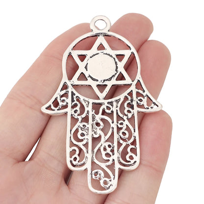 Large Tibetan Silver Hamsa Hand Charms for Necklace Jewelry Making 75x47mm