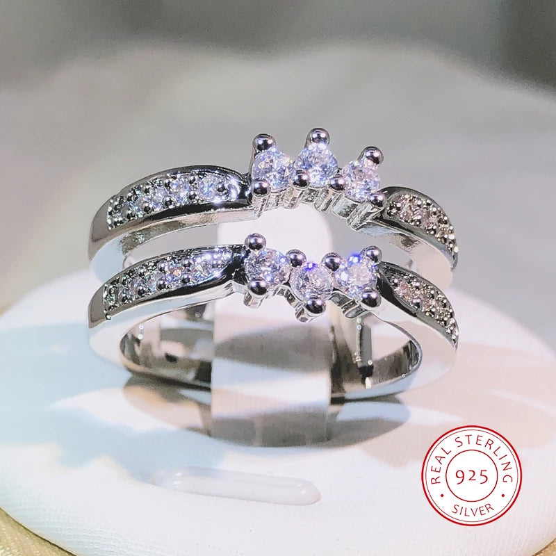 Elegant 925 Sterling Silver Zircon Cocktail Ring for Women with Double Row Design
