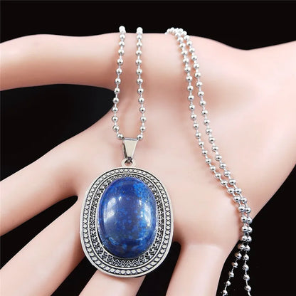 Stainless Steel Lapis Lazuli Long Bohemia Charm Necklace for Unisex Fashion Jewelry