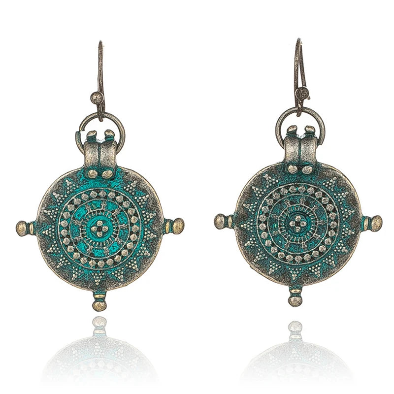 Vintage Ethnic Irregular Wheel Carved Copper Alloy Pendant Earrings for Weddings and Parties