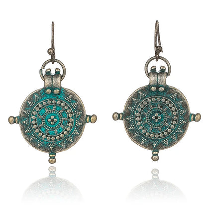 Vintage Ethnic Irregular Wheel Carved Copper Alloy Pendant Earrings for Weddings and Parties