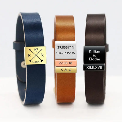 Custom Engraved Leather Bracelet for Men - Personalized Anniversary Gift with Kids Names or Coordinates