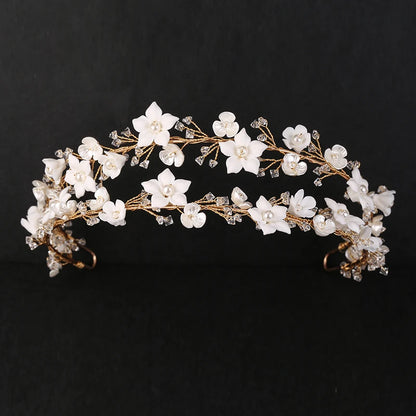 Elegant Crystal Wedding Headband Crown with Handmade Ceramic Flowers