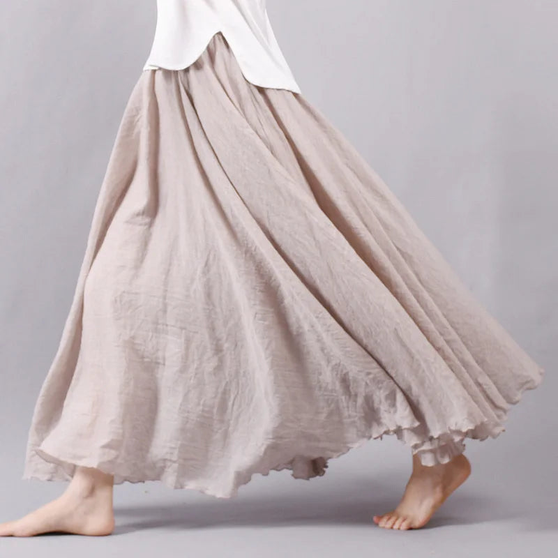 Boho Linen Cotton Maxi Skirt Elastic Waist Beige Pink
