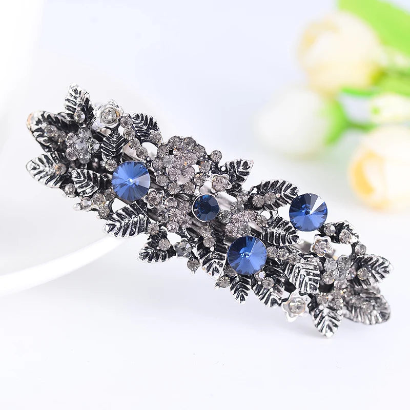 Elegant Blue Rhinestone Flower Hair Clips for Women - Crystal Fashion Barrettes by EASYA