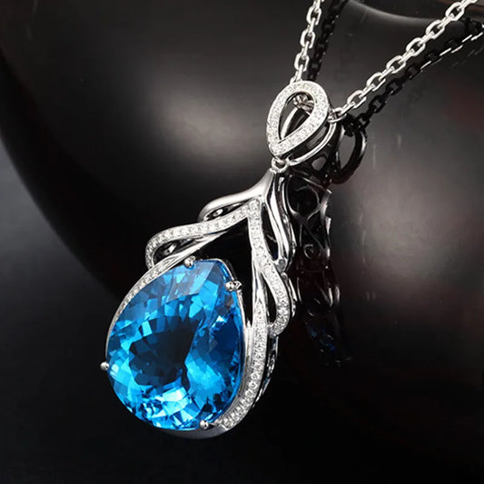 Elegant Water Drop Aquamarine Silver Necklace for Women - Romantic 925 Pendant Ideal for Weddings and Gifts