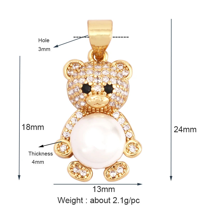 Cute Gold Bear Charm Pendant with Pearl Cubic Zirconia for Jewelry Making Supplies