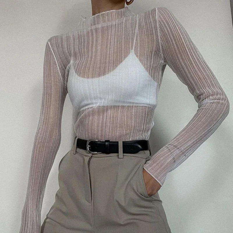 Women Sheer Mock Neck Long Sleeve Top Chic Fall 2024