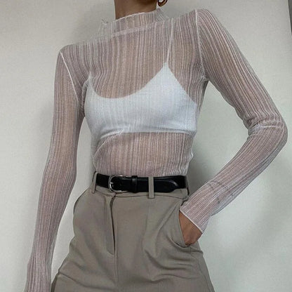 Women Sheer Mock Neck Long Sleeve Top Chic Fall 2024