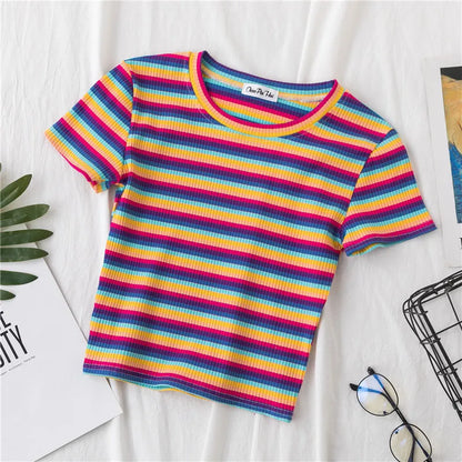 Rainbow Stripe Slim Fit Women T Shirt Short Sleeve Harajuku