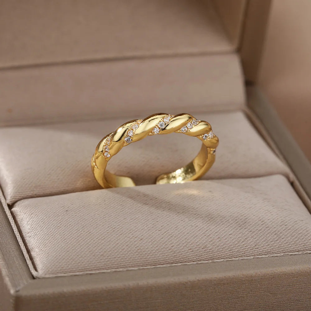 Gold Zircon Stainless Steel Geometric Open Ring for Women