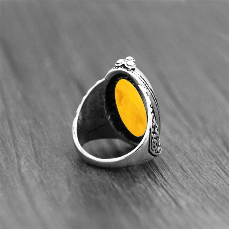 Vintage Eye Shape Resin Stone Ring for Women Silver Plated Antique Flower Design