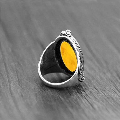 Vintage Eye Shape Resin Stone Ring for Women Silver Plated Antique Flower Design