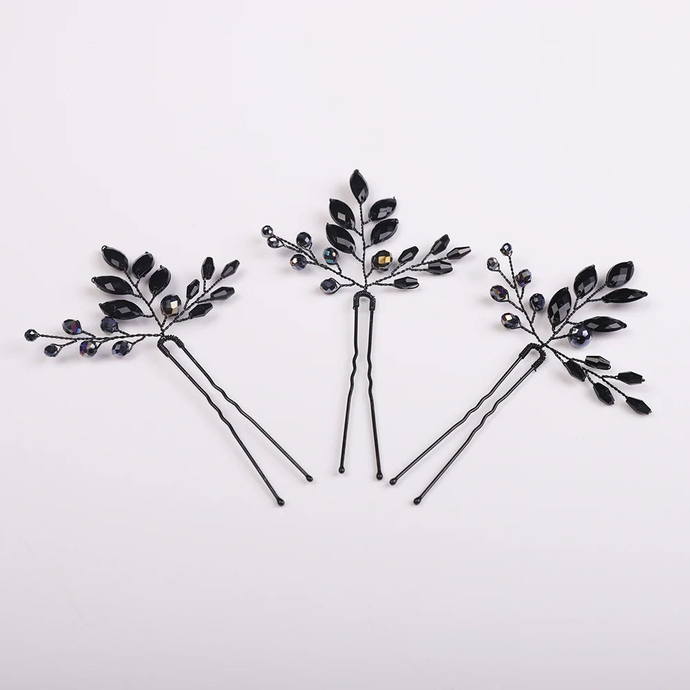 Elegant Black Crystal Bridal Hairpins Wedding Tiara Headdress Accessories