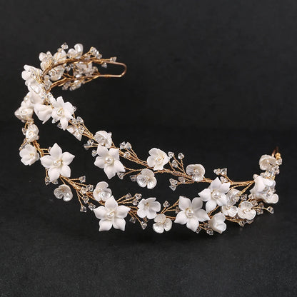 Elegant Crystal Wedding Headband Crown with Handmade Ceramic Flowers