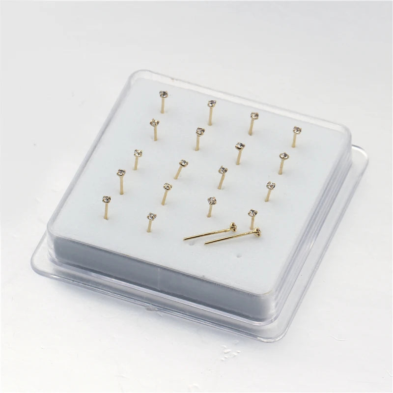 20 Piece Set of 1.5mm Crystal Nose Studs in Gold and Silver - Trendy Body Jewelry for Stylish Piercings